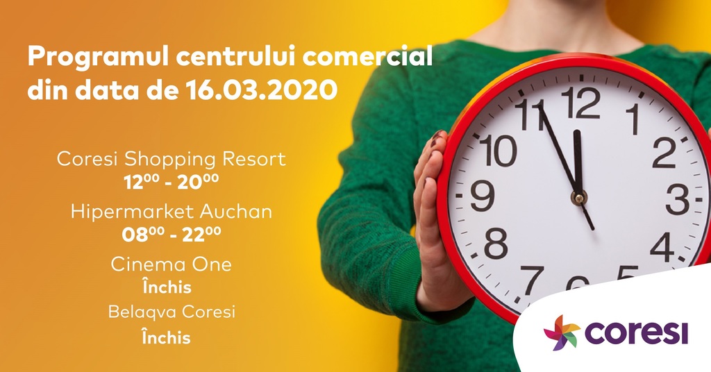 CORESI SHOPPING RESORT ÎȘI REDUCE TEMPORAR PROGRAMUL DE FUNCȚIONARE. PROGRAMUL HIPERMARKETURILOR AUCHAN RĂMÂNE CEL NORMAL